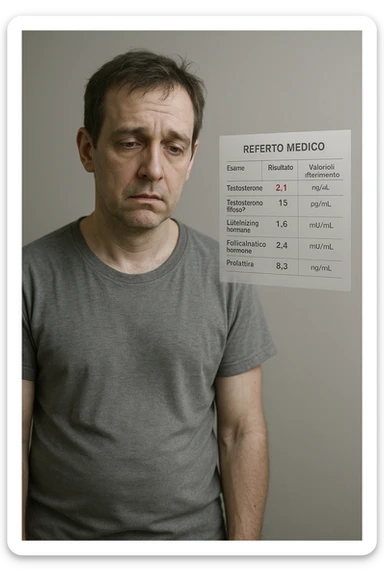 Un uomo caucasico di 35-45 anni, in CGI fotorealistico, che mostra i segni fisici ed emotivi di un basso livello di testosterone. aggiungere un referto medico semi-trasparente fluttuante accanto a lui, con valori di testosterone evidenziati in rosso. in italiano sticker