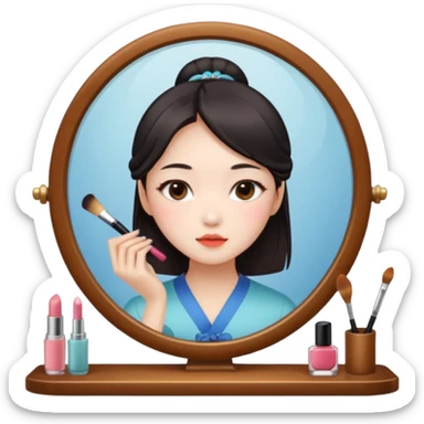 A chinese girl is prettying herself in front of mirror and the mirror reflects her face sticker