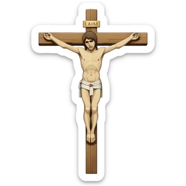 Crucified Liam Gallagher in the style of Jesus full body on cross sticker