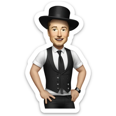 Elon musk doing the conga dance with a top hat on and a crop top with booty shorts sticker
