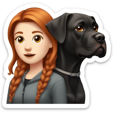red-haired girl with brown eyes, pale skin sits with a black cane corso sticker