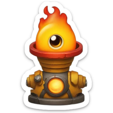 The Burny Games character, a cartoon-like yellow-orange figure with a dome-shaped body, flames at the top, large eyes, and a red tongue, is immersed sticker