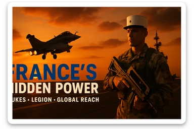 Dramatic dusk shot in 16:9 ratio: Rafale jet launching from Charles de Gaulle carrier with an orange sunset glow. Foreground: Foreign Legionnaire in desert camo holding a futuristic rifle. Bold tricolor text: ‘FRANCE’S HIDDEN POWER’. Subtext: ‘Nukes • Legion • Global Reach’. Epic composition, 8K resolution, cinematic and epic style. sticker