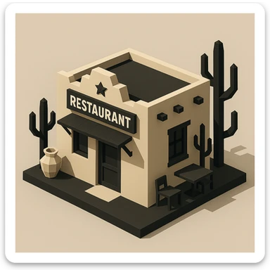 isometric exterior of a southwestern restaurant, black, beige, and white color palette, dollhouse style, low-poly polygonal 3D look sticker