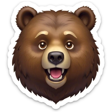 Cinematic Comical Grizzly Bear Portrait Emoji, Head tilted dramatically with an exaggeratedly amused expression, featuring a striking, rugged deep brown fur with bold fur texture, wide, expressive eyes filled with playful disbelief, Simplified yet hilariously expressive features, highly detailed, glowing with a slightly sassy glow, high shine, dramatic yet playful, stylized with an air of cheeky wilderness mischief, bright and endearing, soft glowing outline, capturing the essence of a spirited and over-the-top grizzly, so meme-worthy it feels like it could roar its way into internet fame instantly! sticker