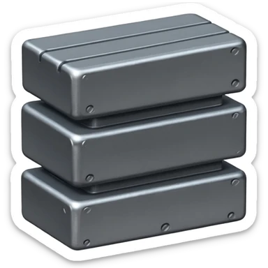 three iron gray blocks, two stacked with one on top, slightly elongated to show length sticker