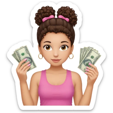 Uma menina com o cabelo cacheado com um Coque com baby hair morena, e com uma regata rosa com unha em gel,e com dinheiro na mão , sticker
