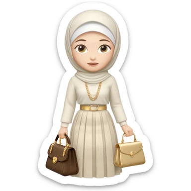 female memoji character, iPhone style, wearing white hijab, white lace top, pleated long skirt, cream handbag with gold chain, soft 3D shading, cute expression, no background, transparent PNG sticker