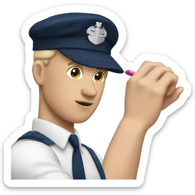 A  white man putting on lipstick in a navy outfit  sticker