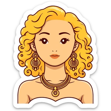 attractive Greek woman with long curly hair and light skin wearing gold Greek jewelry sticker