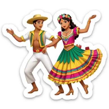 Cinematic Realistic scene of two dancers performing Cumbia, adorned in colorful traditional Colombian costumes with intricate details, captured in rhythmic motion with lively, festive lighting sticker