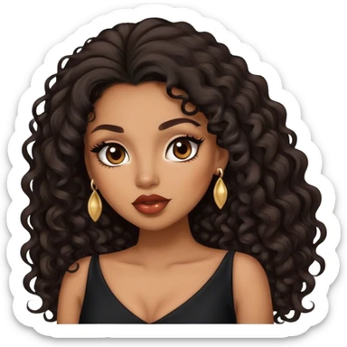 light brown skin tone, very beautiful woman, with big plump lips, long long lashes, black curly long hair, brown eyes, black dress sticker
