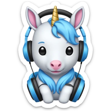Unicornio bebé azul sentado escuchando música con auriculares negros sticker