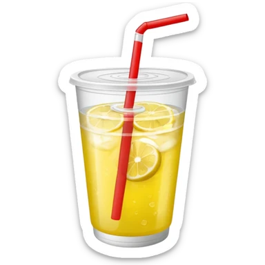 lemonade in a plastic cup without a lid and straw. the cup has a red label wrapped around sticker