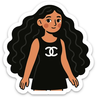 light skin girl with very long black curly hair, brown eyes, black Chanel dress sticker