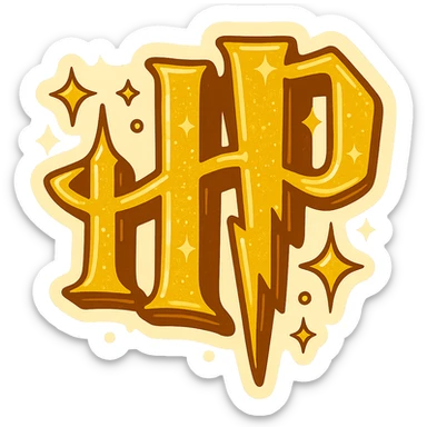 Create a logo in yellow color based on the reference image. Add magic or stars to create a magical Harry Potter atmosphere. Use no gradient, only clear color transitions with sharply and graphically drawn shadows and highlights. No outline. Style: retro sticker. sticker
