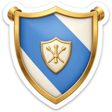 Hazme la bandera blanca con una franja azul de punta izquierda arriba a punta derecha abajo con un escudo en medio de la bandera de colores dorados sticker