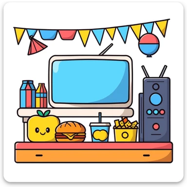 TV party with multiple characters, snacks, and decorations sticker