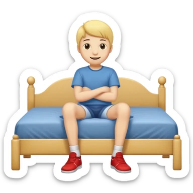 emoji- of a smiley boy sitting at the edge of the bed with legs on the floor sticker