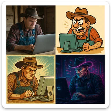 A farmer intensely using a computer, looking frustrated, in four different visual styles sticker