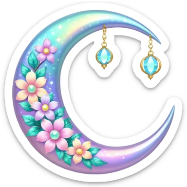 glossy Pastel iridescent floral shiny crystal crescent damask moon sticker