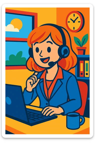 office girl with a headset, answering calls, vibrant toon style sticker