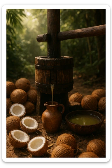 realistic and cinematic vertical illustration of coconut oil pressing for organic production, showing coconuts, pressing and oil collection, natural atmosphere, no text, 2:3 aspect ratio. sticker