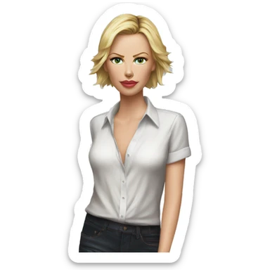 ultra realistic charlize theron wearing shirt sticker
