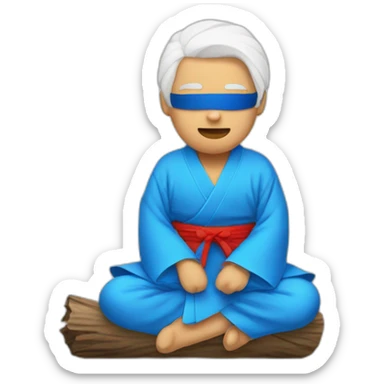 blindfolded man sitting on a log with white hair and blue kimono sticker