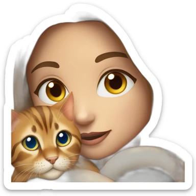 a beautiful girl with brown hair and blue eyes holds a Bengal cat with yellow eyes in her arms sticker