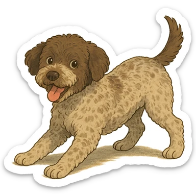 playful pose Lagotto Romagnolo dog, roan coat, gentle lighting, ghibli style sticker