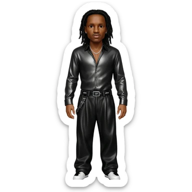 Layzie Bone with tan skin, long black hair, black metallic shirt, black metallic baggy pants, silver necklace sticker