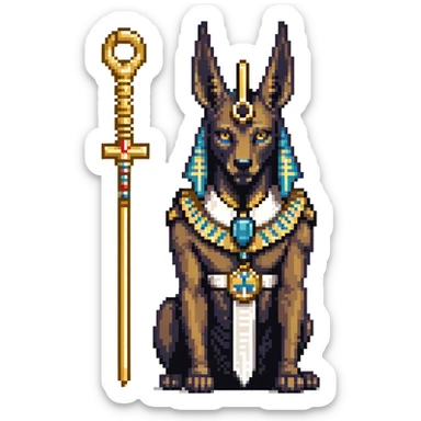 Egyptian god Anubis with black jackal head, gold collar, Egyptian headdress, holding ankh symbol sticker