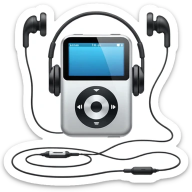 Futuristic iPod emoji with earphones, metallic black and white, smooth reflective surfaces, flat minimal vector design, clean UI style sticker