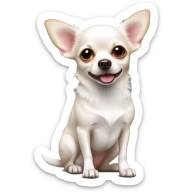 A small white dog is a Chihuahua breed with red mints on its body and red ears sticker