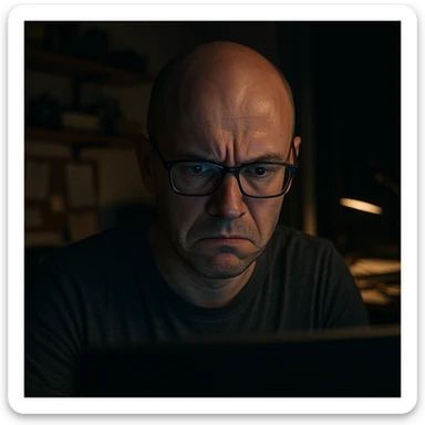 bald programmer with glasses, visibly stressed but very focused, working late night from home office, close-up on concentrated face illuminated by monitor light, messy background sticker