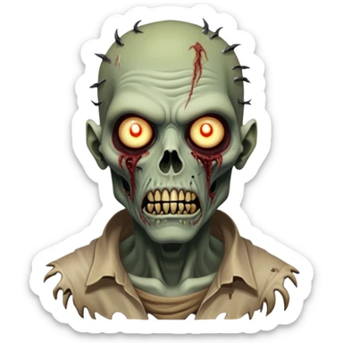 Cinematic Realistic WoW undead friendly zombie Portrait, head tilted epicly and inquisitively, showcasing grim resilience and defiant strength. His withered, pallid skin and intense, glowing eyes contrast starkly with his worn, earth-toned clothes, rendered in meticulous detail. With dynamic, high-contrast lighting and high shine, this portrait exudes an epic aura, capturing the relentless will of a battle-hardened undead friendly zombie. sticker