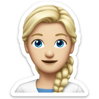 girl, 60 years old, blue eyes, blond hair ponytail, business sticker