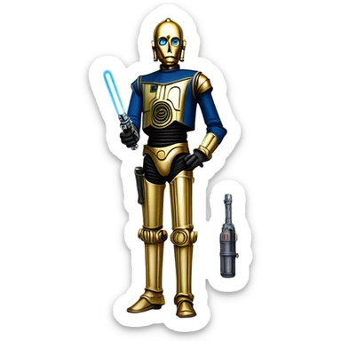 tarnished undercover tough well-equipped jedi first order life-sized darkblue-pearl C3po as a friendly bounty hunter droid wearing a leather clothing old west duster coat holding light saber sticker