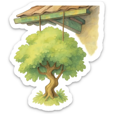ghibli style illustration of a tree hanging from a roof, soft colors, whimsical sticker