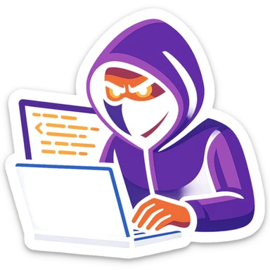 Show the purple-themed hacker actively coding on a laptop, with glowing code on the screen, keep the digital vibrant toon style sticker