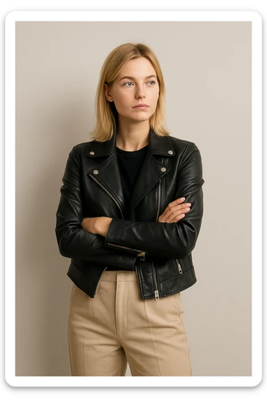 a blonde lady standing with arms crossed, waiting, modern look sticker