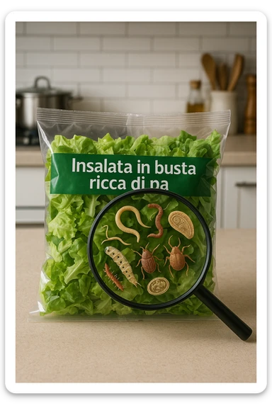 Insalata in busta ricca di pa transparent plastic bag of pre-washed salad sits on a kitchen counter. Through the bag, small, detailed images of various parasites (such as worms, larvae, or microscopic bugs) are visible among the lettuce leaves. A magnifying glass hovers over the bag, enlarging the parasites for emphasis. The mood is cautionary and educational.arassiti sticker