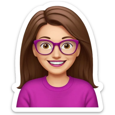 50 yr Caucasian woman, long brown hair parted on side, brown eyes, glasses, big smile, white teeth, fuscia sweater sticker
