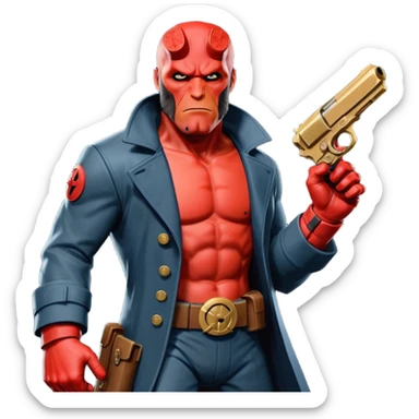 cinematic realistic superhero Hellboy by Mike Mignola jumps with a bronze pistol sticker