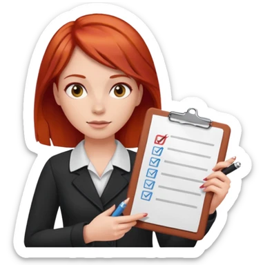 woman with red hair, holding a checklist sticker