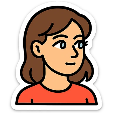 An icon-style emoji of a brunette girl with medium, slightly wavy hair, normal skin tone, a button nose, beautiful blue eyes with eyelashes, looking to the side. sticker