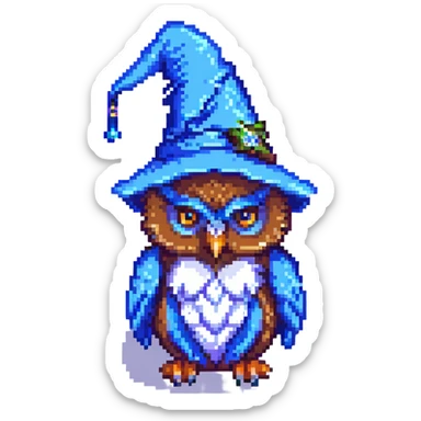 pixel art owl with a blue wizard hat sticker