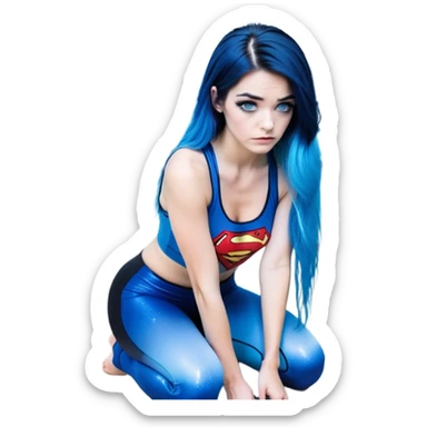 Disapponted-big tears-head back texting on phone-very very large upper body-sexy face-bending forward at waist-very long very straight dark blue to light blue ombre hair-and-blue eyes-thick black eyeliner-long eyelashes-iridescent blue lowcut tanktop with black leggings with glitter superman logo sticker