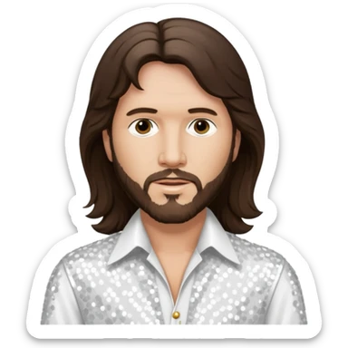 Barry Gibb from Bee Gees with long dark brown hair, white sequin outfit  sticker